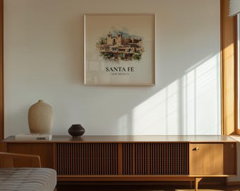 Santa Fe New Mexico Watercolor Wall Art Print, Custom Travel Poster, World Locations Keepsake Gift