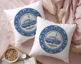Casablanca Morocco Pillowcase, Delft Style Decorative Throw Pillow, Vintage Cityscape Retro Home Decor