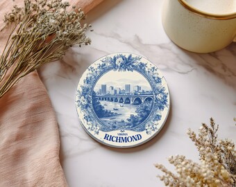 Richmond Virginia Delftware Ceramic Coaster, Blue White Travel Gift, Vintage Home Decor Collectible