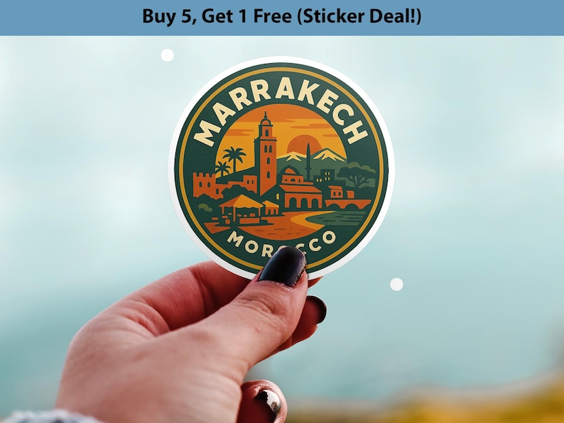 Marrakech Morocco Sticker Kiss-Cut Vinyl, Waterproof Decal, Retro Travel Lover Collection image 1