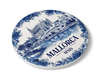 Mallorca Ceramic Coaster, Spain Blue White Travel Gift, Vintage Home Decor Collectible