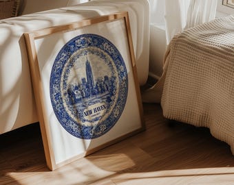 New Haven Connecticut Wall Art, Vintage Delft Blue Poster, City Print, Travel Home Decor