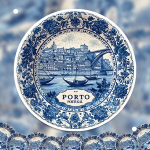 Porto Portugal Sticker Vintage Delft style, Delftware Decal Waterproof Vinyl, Blue City Travel image 2