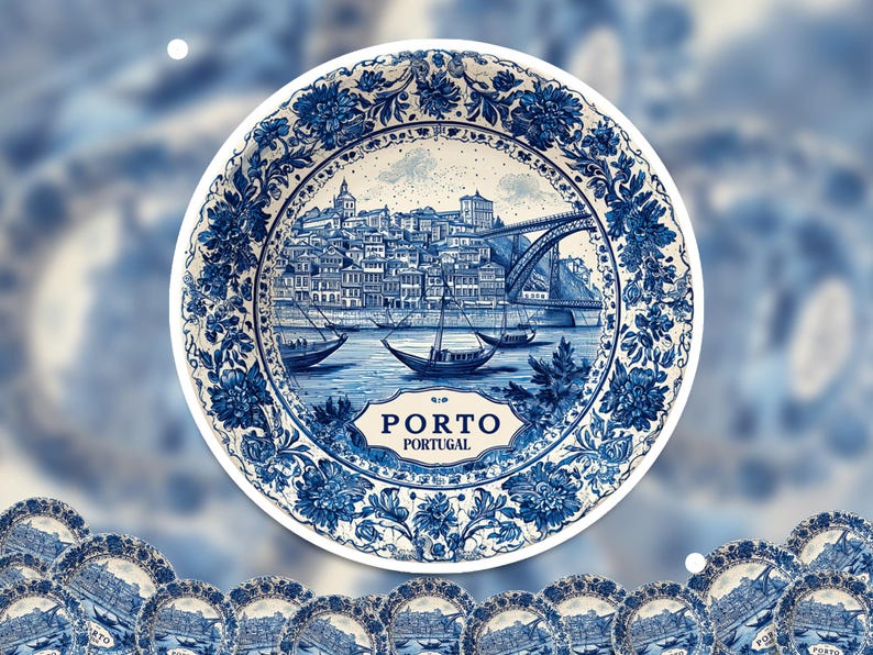 Porto Portugal Sticker Vintage Delft style, Delftware Decal Waterproof Vinyl, Blue City Travel image 2