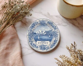 Sydney Australia Delftware Ceramic Coaster, Blue White Travel Gift, Vintage Home Decor Collectible