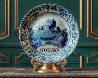 Pode incluir: Prato decorativo azul e branco com uma cena de castelo e a palavra «SCOTLAND» na parte inferior. O prato, com uma borda floral, é exibido em um suporte dourado. Uma lembrança, um item decorativo.