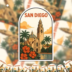 May include: A sticker featuring a San Diego landmark with the text "SAN DIEGO." The illustration depicts a tall building with a dome, palm trees, and orange flowers. The background has an orange and yellow sky.