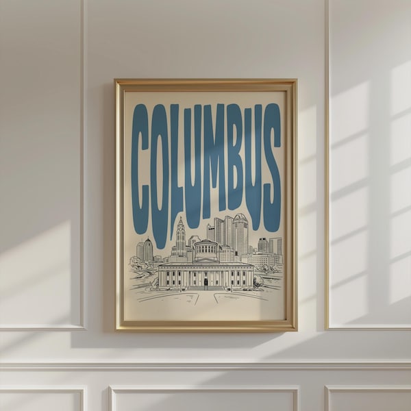 Columbus Ohio Skyline Wall Art, Framed Canvas Print, City Retro Decor