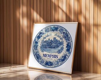 Memphis Tennessee Wall Art, Vintage Delft Blue Poster, City Print, Travel Home Decor