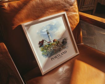 Portland Maine Watercolor Wall Art Print, Custom Travel Poster, World Locations Keepsake Gift
