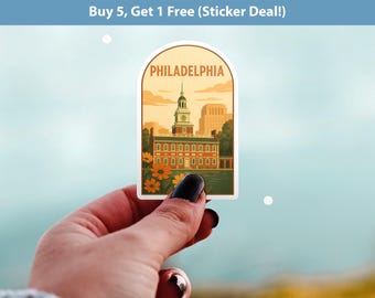 Klistermärke för Philadelphia, Pennsylvania, vinyldekal med vintagemotiv, samling av retro-reseälskare, klippbok för dagböcker