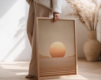 Minimalist Desert Sunset Wall Art, Scandinavian Abstract Landscape Print, Japandi Neutral Decor