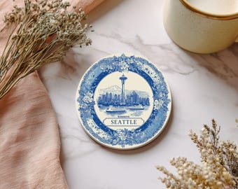 Seattle Washington Delftware Ceramic Coaster, Blue White Travel Gift, Vintage Home Decor Collectible