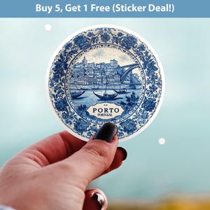 Porto Portugal Sticker Vintage Delft style, Delftware Decal Waterproof Vinyl, Blue City Travel image 1