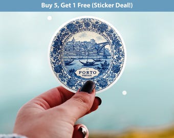 Pegatina de Oporto, Portugal, estilo vintage de Delft, vinilo impermeable de cerámica de Delft, viaje a la ciudad azul.