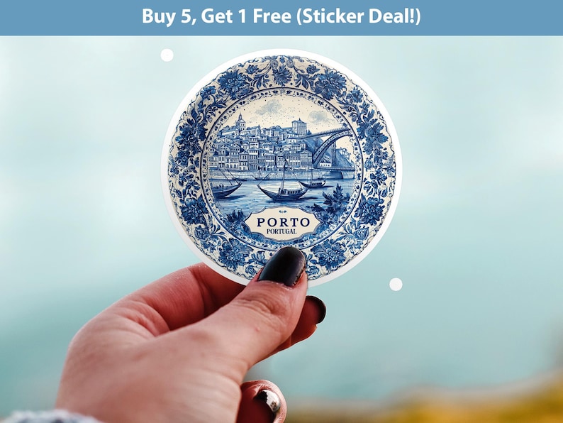 Porto Portugal Sticker Vintage Delft style, Delftware Decal Waterproof Vinyl, Blue City Travel image 1