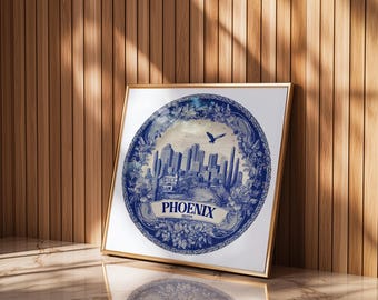Phoenix Arizona Wall Art, Vintage Delft Blue Poster, City Print, Travel Home Decor