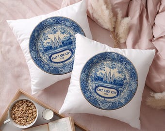 Salt Lake City Utah Pillowcase, Delft Style Decorative Throw Pillow, Vintage Cityscape Retro Home Decor