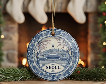 Custom Seoul South Korea Ceramic Delft Ornament, Christmas Delftware Blue Delftware city travel