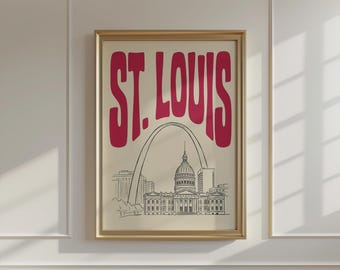 May include: A framed wall art print featuring the text ST. LOUIS in large, bold, dark red letters above a black and white line drawing of the Gateway Arch and the Old Courthouse building on a light cream-colored background.