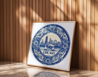 Chicago Illinois US Wall Art, Vintage Delft Blue Poster, City Print, Travel Home Decor