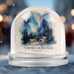 Aurora Borealis Norway Snow Globe, Personalized Watercolor, Custom Travel Souvenir Keepsake City Dome
