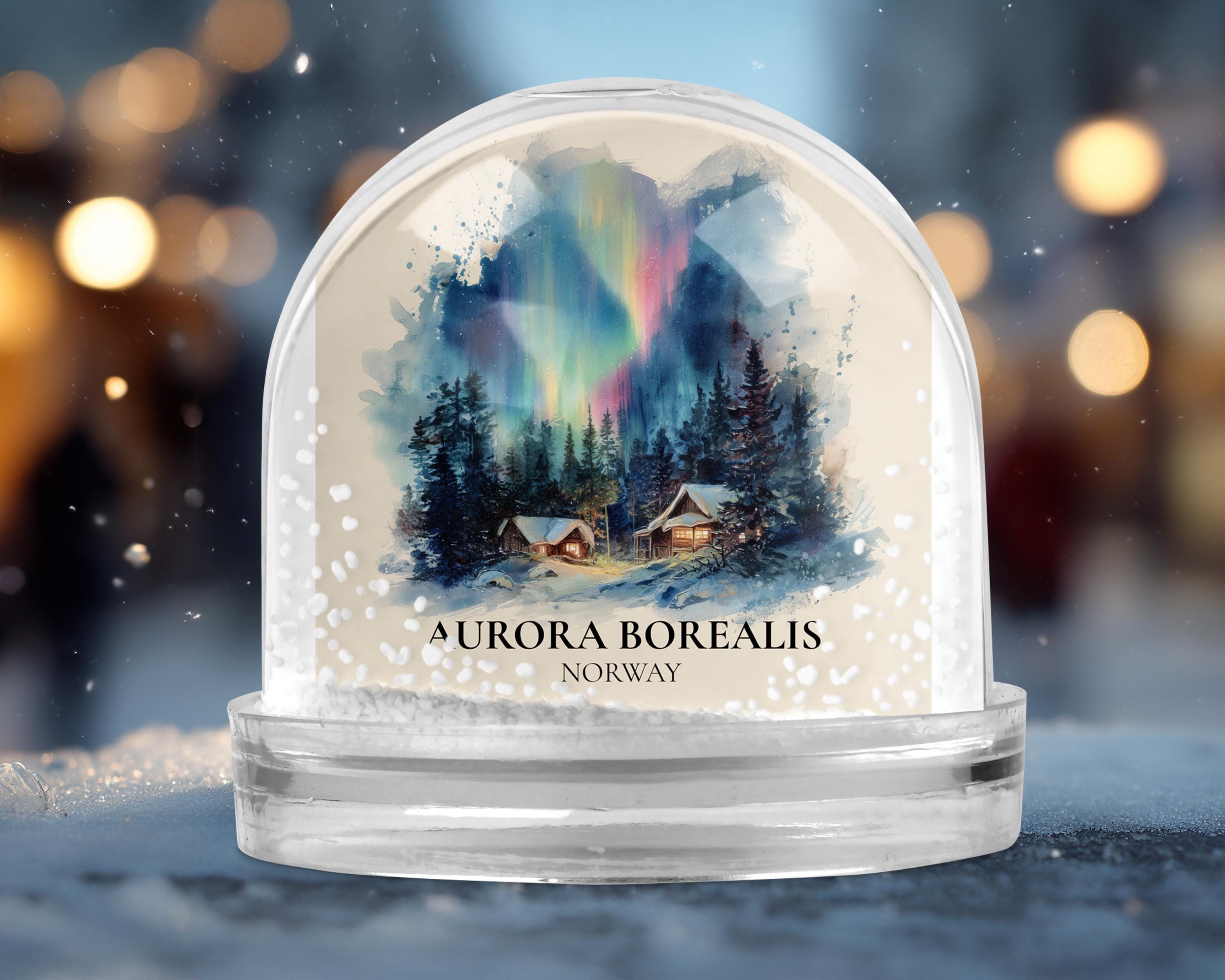 Aurora Borealis Norway Snow Globe, Personalized Watercolor, Custom