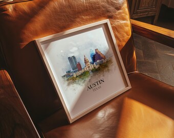 Austin Texas Watercolor Wall Art Print, Custom Travel Poster, World Locations Keepsake Gift