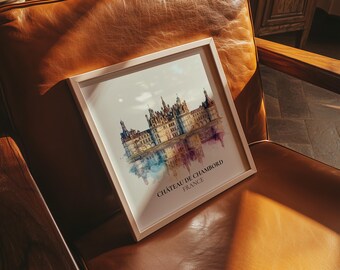 Chateau de Chambord France Watercolor Wall Art Print, Custom Travel Poster, World Locations Keepsake Gift