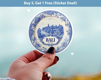Bali Indonesia Sticker Vintage Delft style, Delftware Decal Waterproof Vinyl, Blue City Travel