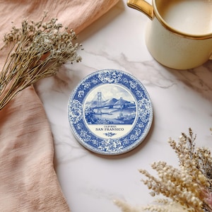 San Francisco California Delftware Ceramic Coaster, Blue White Travel Gift, Vintage Home Decor Collectible