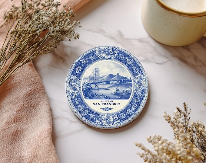San Francisco California Delftware Ceramic Coaster, Blue White Travel Gift, Vintage Home Decor Collectible
