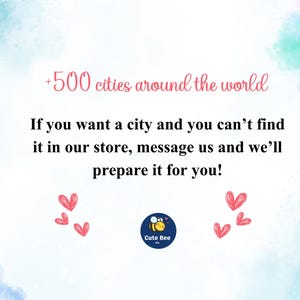 K&ouml;nnte beinhalten: Hellblauer und wei&szlig;er Aquarellhintergrund mit Text: "+500 St&auml;dte auf der ganzen Welt." Der Text lautet weiter: "Wenn Sie eine Stadt w&uuml;nschen und sie nicht in unserem Shop finden, schreiben Sie uns, wir bereiten sie f&uuml;r Sie vor!"