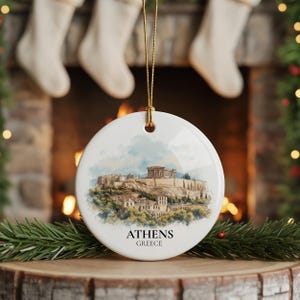 Athens Greece Personalized Watercolor Ornament, Custom Ceramic Christmas gift, Travel Keepsake