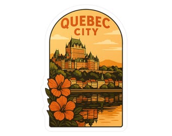 May include: A sticker featuring a scenic illustration of Quebec City. The design includes the Chateau Frontenac, orange flowers, and the text "QUEBEC CITY" in a stylized font, set against a warm, sunset-like background.