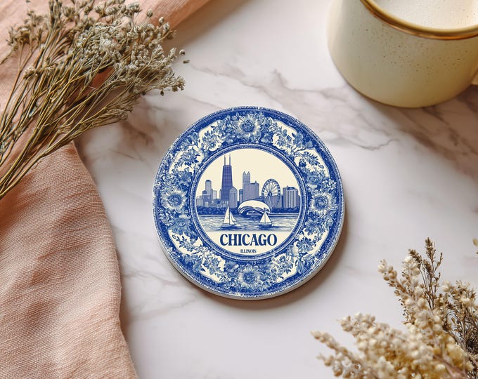 Chicago Illinois US Delftware Ceramic Coaster, Blue White Travel Gift, Vintage Home Decor Collectible