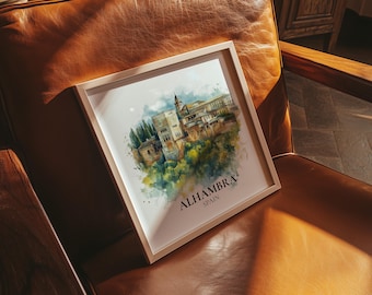 Alhambra Spain Watercolor Wall Art Print, Custom Travel Poster, World Locations Keepsake Gift