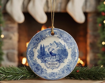 Custom Jackson Wyoming Ceramic Delft Ornament, Christmas Delftware Blue Delftware city travel