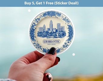 Pegatina de Charlotte, Carolina del Norte, estilo vintage de Delft, vinilo impermeable de cerámica de Delft, azul, para viajes a EE. UU.