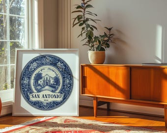 San Antonio Texas Wall Art, Vintage Delft Blue Poster, City Print, Travel Home Decor