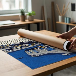 K&ouml;nnte beinhalten: Ein aufgerolltes Bild mit einer blau-wei&szlig;en Illustration einer K&uuml;stenstadt und eines Flusses. Der Druck liegt auf einem Holztisch, daneben eine braune Papprolle. Der Druck wird ausgerollt.