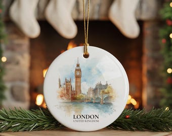 London United Kingdom Personalized Watercolor Ornament, Custom Ceramic Christmas gift, Travel Keepsake
