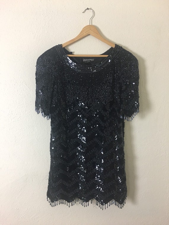 Vintage 1980s Black Chevron Stripe Sequins & Beade