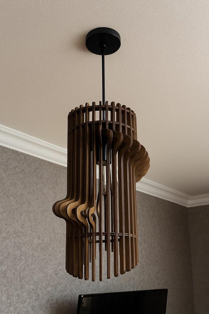 Modern Wooden Chandelier, Teak Wave Pendant Light, Handmade Ceiling Fixture, Minimalist Loft Lamp, Sculptural Home Decor image 7