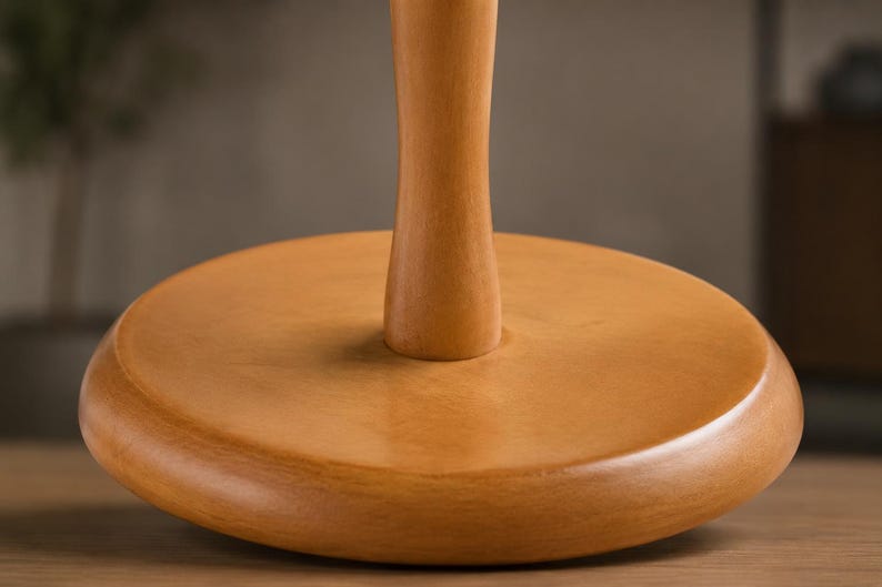 May include: A light brown wooden stand featuring a smooth, circular base and a central vertical post. The object has a natural wood grain finish with a polished surface, showcasing a simple, functional design with a rounded edge on the base.
