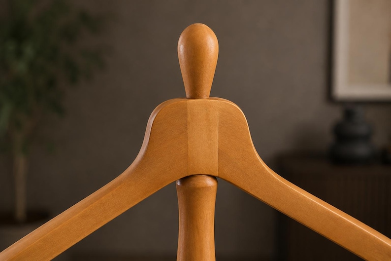 May include: A light brown wooden clothes hanger featuring a smooth, curved shoulder design and a central vertical post topped with a rounded, finial-like wooden knob. The hanger has a polished finish and a sturdy, solid construction.