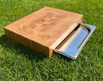 Oak Cutting Board With Tray, Large Walnut End Grain Butcher Block, Juice Groove Chopping Board, Handmade Kitchen Prep Station