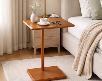 Mesita auxiliar de madera para sofá o cama / Mesa con ruedas para portátil / Mesita de noche compacta / Bandeja para desayunar en la cama / Muebles de madera de aliso