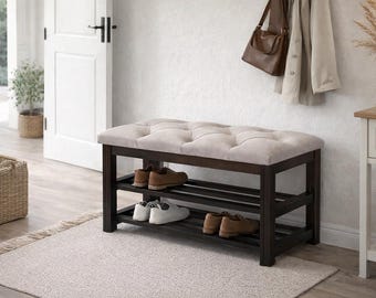 Upholstered Shoe Bench | Solid Alder Wood Entryway Storage | Tufted Hallway Seat | Handmade Scandinavian Furniture