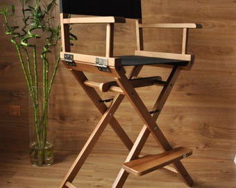 Professional Makeup Artist Chair, Solid Ash Wood Director Seat, Tall Folding Salon Furniture, Handmade Studio Stool Decor